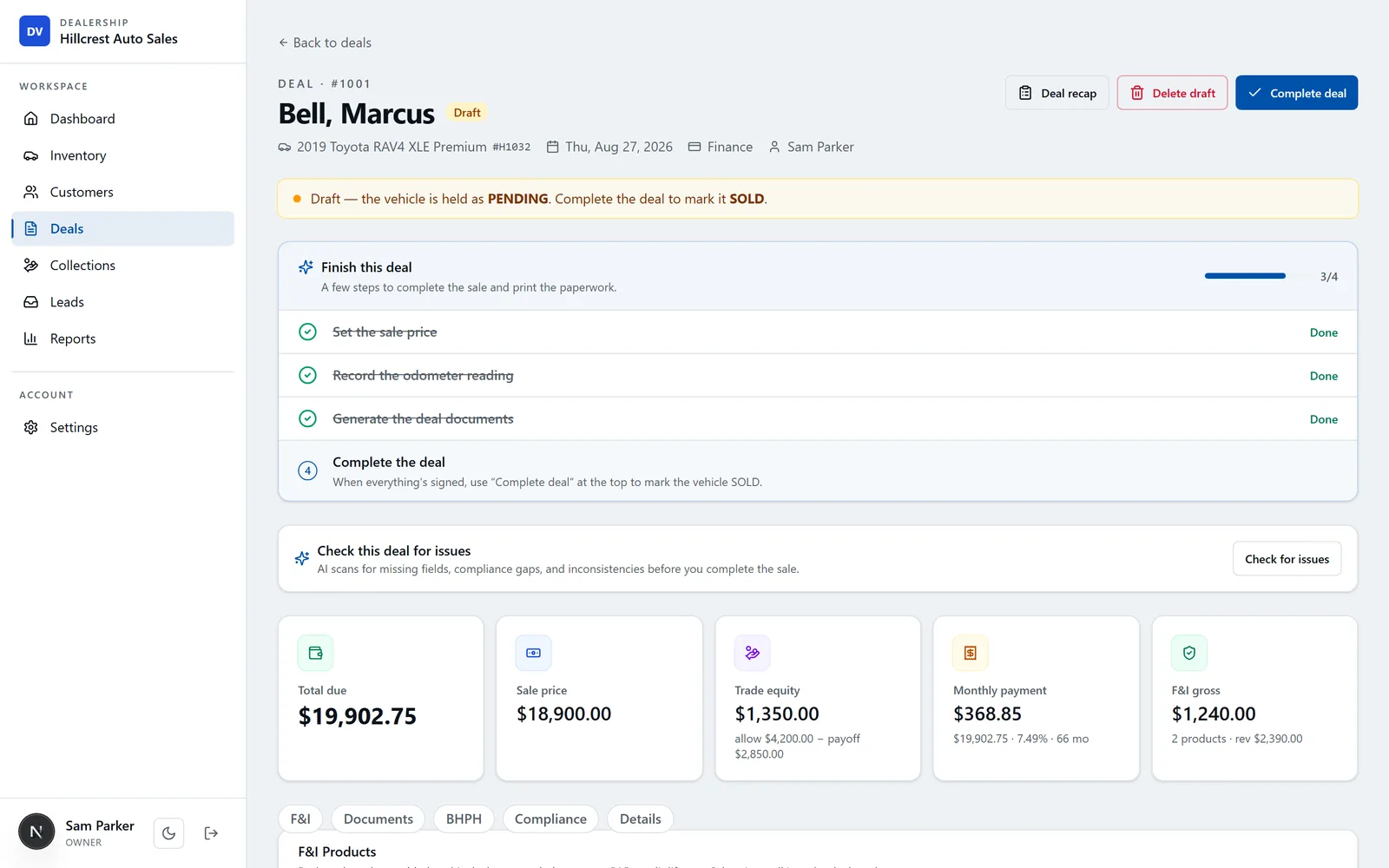 DealerVLO deal jacket with total due, sale price, trade equity, monthly payment, and F&I gross computed from one deal screen